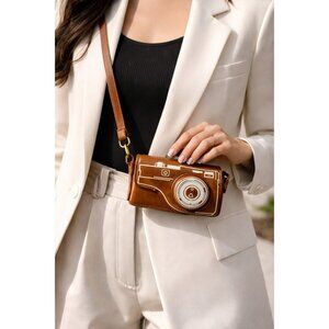 BDG Camera Crossbody Bag Brown Faux Leather Mini Purse Adjustable Strap